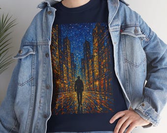 Camiseta gráfica "Walk Alone City Lights" - Camiseta urbana con silueta, camiseta unisex inspiradora de estilo urbano