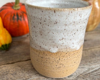 Speckled Clay and White Glazed Tumbler, Handmade Dinnerware Cup, Rustic Pottery Vase, Handless Mug