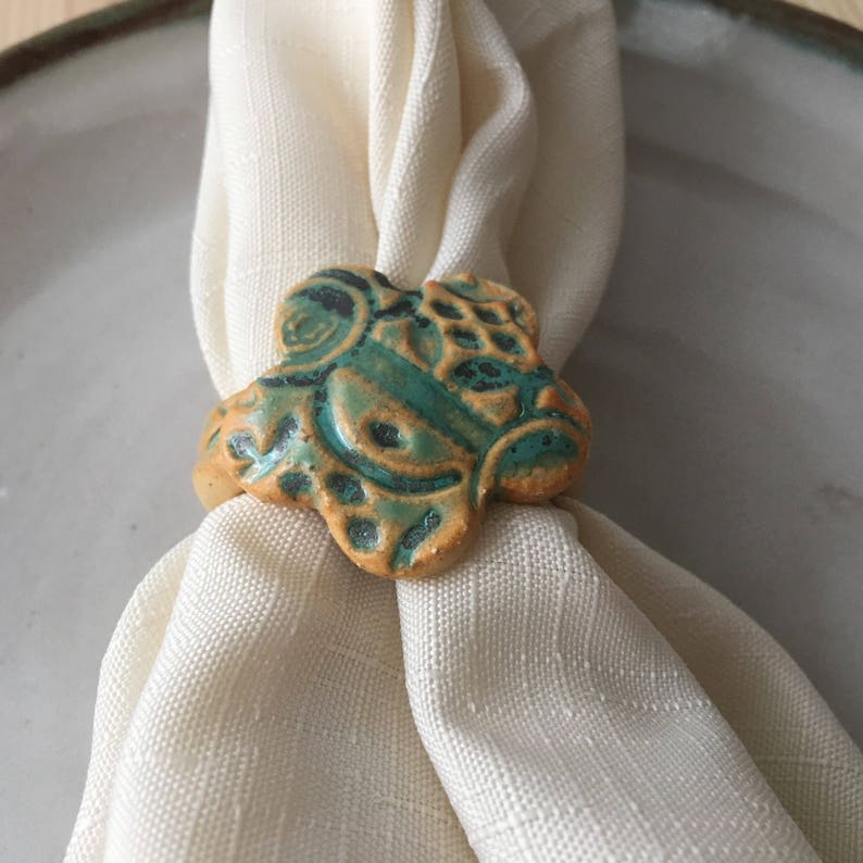 Ceramic Napkin Rings Turquoise Flower Napkin Rings Stoneware Etsy