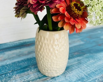 White Carved Ceramic Vase, Handmade Stoneware Pottery Flower Vase, Hand-Carved Vase, Pebble Surface Vase (W2)