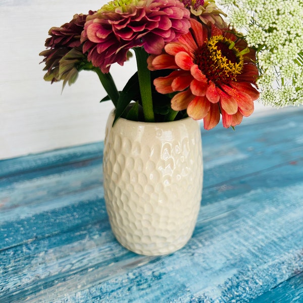 White Carved Ceramic Vase, Handmade Stoneware Pottery Flower Vase, Hand-Carved Vase, Pebble Surface Vase (W2)