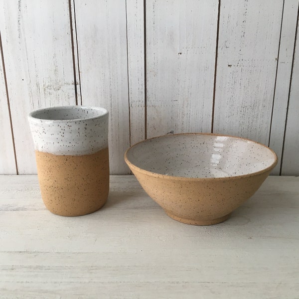 Speckled Stoneware Bowl and Cup Dinnerware Set, Handmade Pottery Bowl and Tumbler, Modern Rustic White and Speckled Ceramic Dishes