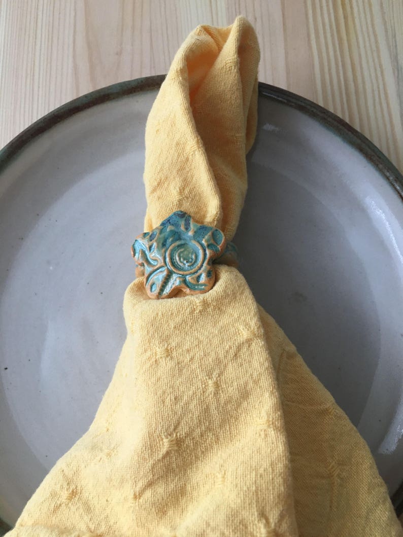 Ceramic Napkin Rings Turquoise Flower Napkin Rings Stoneware Etsy