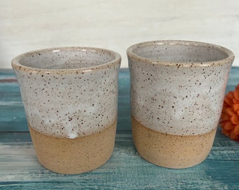 Set of 2 Speckled Clay and White Glazed Tumblers, Handmade Dinnerware Cups, Rustic Pottery Vases, Handleless Mugs