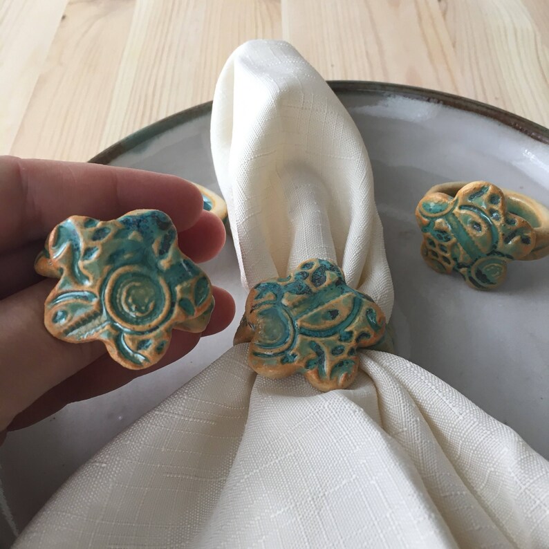 Ceramic Napkin Rings Turquoise Flower Napkin Rings Stoneware Etsy