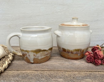 Pumpkin Spice and White Sugar Bowl and Cream Pitcher, Ceramic Cream and Sugar Set, Rustic Handmade Pottery, Pottery Gifts