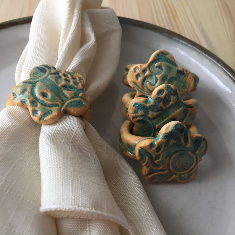 Ceramic Napkin Rings Turquoise Flower Napkin Rings Stoneware Etsy