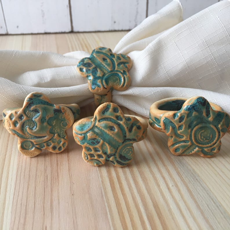 Ceramic Napkin Rings Turquoise Flower Napkin Rings Stoneware Etsy