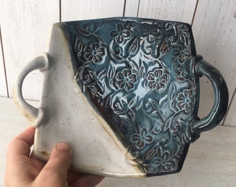 Square Flower Motif Ceramic Dish, Botanic Stamped Pottery Dish, Flower Design Imprint Snack Dish