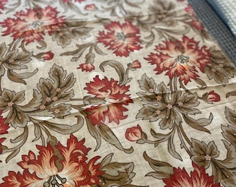 1880's French Fabric, Tan and Red Floral Design, Approx. 2.22 Yards
