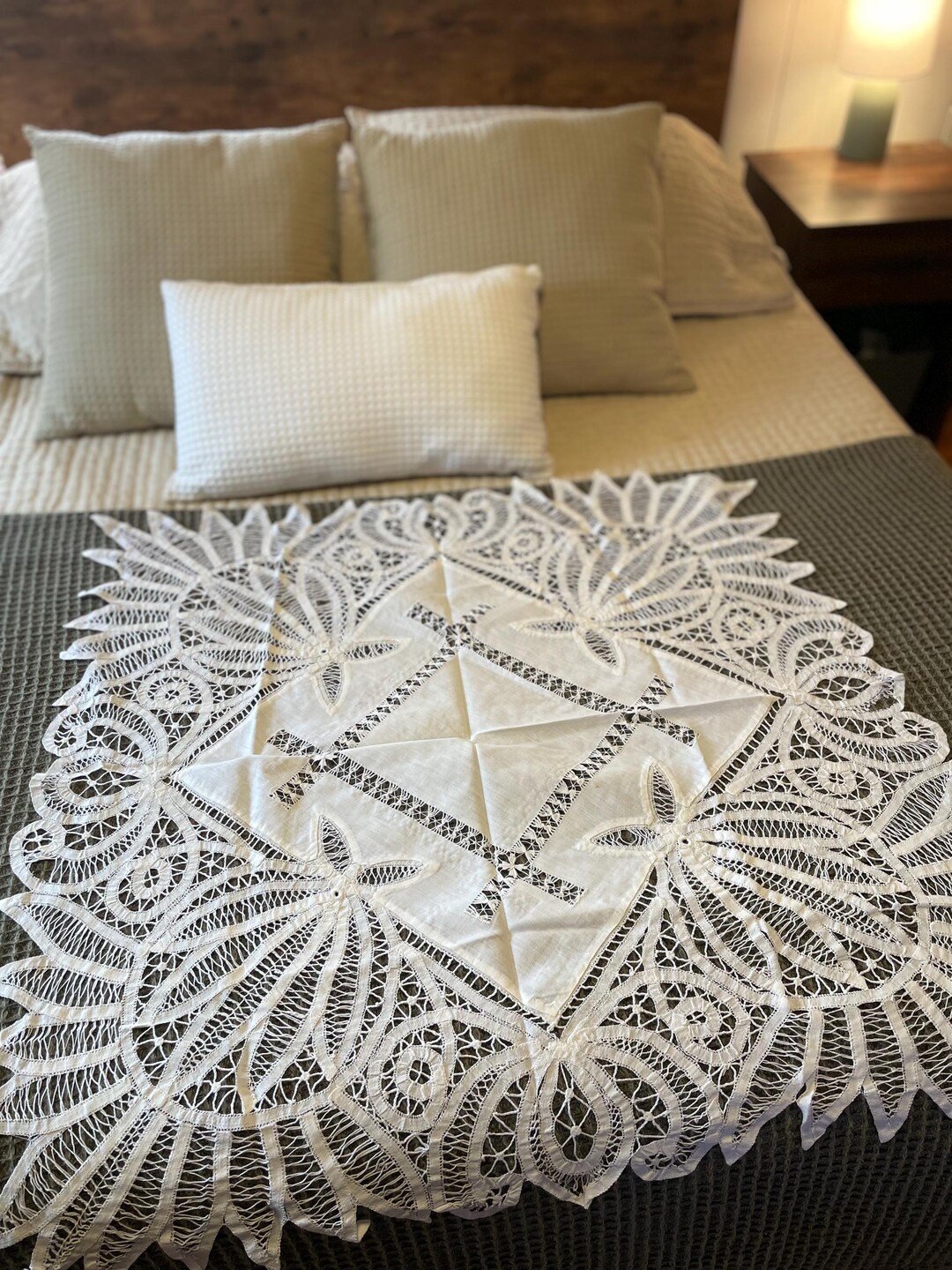 White Table Topper Vintage White Linen Table Topper With Ornate Battenburg Lace, Approx ...