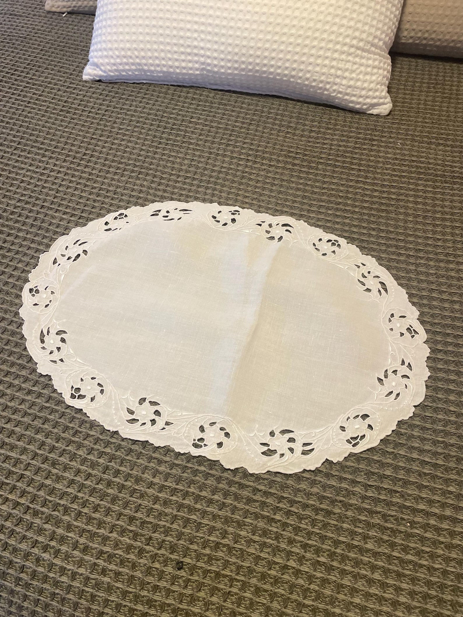 Antique White Linen Oval Placemat Set with Floral Cutwork and Embroidery, Set of 8