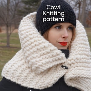 May include: A white knitted cowl with a black knit hat. The text "Cowl Knitting pattern" is written on the hat.