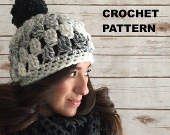 Chunky Crochet Hat Pattern, Super Easy  Puff Stitch Crochet Hat PATTERN PDF Download,  Simple Crochet Slouchy Beanie Adult Hat Pattern