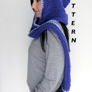 May include: A blue crocheted hooded scarf with a light blue trim. The scarf is being worn by a person with long dark hair.