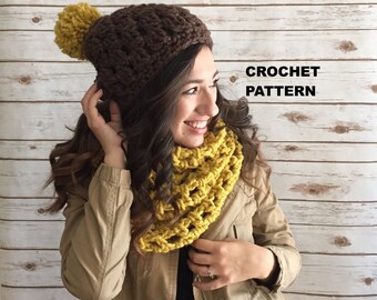 Ensemble bonnet Baker et écharpe Ollie - Modèle facile au crochet, fil super épais, débutant