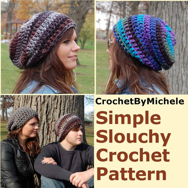 Super Easy PDF Download  Crochet Hat PATTERN,  Simple Crochet Slouchy Beanie Adult Hat Pattern