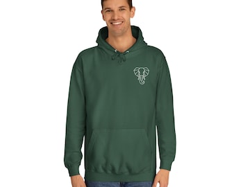 May include: A forest green hoodie with a front pocket and drawstring hood. A white geometric elephant design is on the upper left chest. The person in the image is wearing blue jeans.