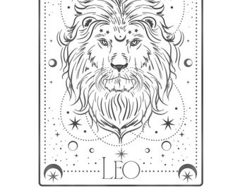 Printable Leo Zodiac Coloring Page – Fire Sign Astrology Art | Celestial Coloring Sheet PDF | Mystical Digital Download for Self-Care