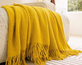 Boho Chunky Knit Throw Blanket | Fringed Autumn Blanket | Retro Woven Throw | Vintage Home Decor | Rustic Wool Blanket | Cozy Bed Decor