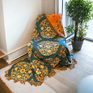 Boho Floral Woven Cotton Throw Blanket | Reversible Fringed Vintage Style Sofa Decor | Green and Orange Floral Throw