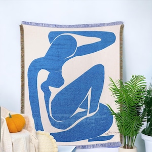 Blue Art Pattern Throw Blanket | Matisse Woven Blanket | Boho Sofa Decor | Nordic Throw | Abstract Cotton Throw | Outdoor Picnic Blanket