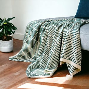 Boho Striped Knit Wool Throw Blanket | Nordic Fringed Tassel Style Sofa Decor | Green Geometric Throw | Vintage Home Decor | Woven Throw