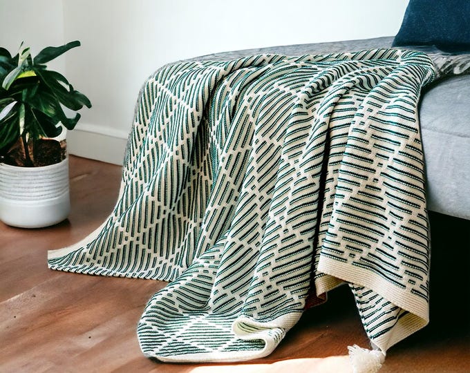 Boho Striped Knit Wool Throw Blanket | Nordic Fringed Tassel Style Sofa Decor | Green Geometric Throw | Vintage Home Decor | Woven Throw