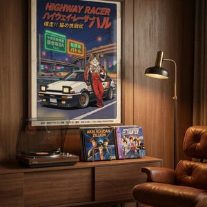 Vintage Japanese Anime Poster 1980s Retro JDM Wall Art Cyberpunk Highway Car Decor AE86 Trueno Cat Printable Poster Art Print 18x24