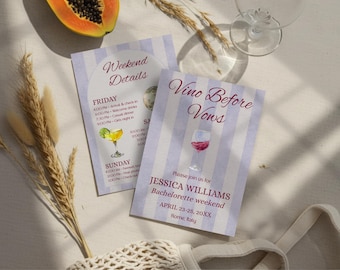 Invitación elegante azul para despedida de soltera, itinerario de vino antes de los votos, fiesta de fin de semana, plantilla digital imprimible con tema de vino editable en Canva