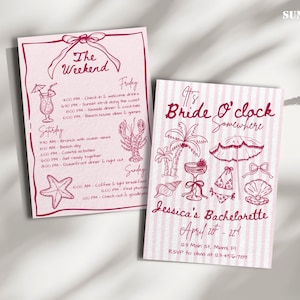 May include: Two rectangular cards with pink and white vertical stripes featuring dark pink line art illustrations of beach items, a cocktail, a lobster, and a starfish. The text includes The Weekend, It's Bride O'clock Somewhere, and Jessica's Bachelorette.