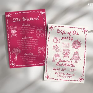 Puede incluir: Dos invitaciones rosas y blancas para una despedida de soltera. La invitación de la izquierda dice "El fin de semana" con un programa de eventos. La invitación de la derecha dice "Esposa de la fiesta" con el nombre de la novia, la fecha y la información de RSVP.