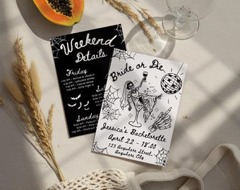 May include: Two invitation cards with a Halloween theme. One black card has white text reading "Weekend Details" and event times. The other card says "Bride or Die" with a skeleton illustration and event details. A slice of papaya and a wine glass are also visible.