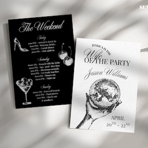 Ehefrau der Party Bachelorette Einladung und Reiseplan, Brautparty einladen, Hen Party Timeline, Bach Wochenendplaner, Canva Vorlage