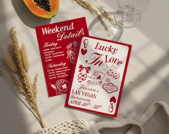 Lucky In Love Bachelorette Invitation Red Playing Cards Hen Valentines Vegas Party Itinerary Canva Editable Printable Digital Template AB005