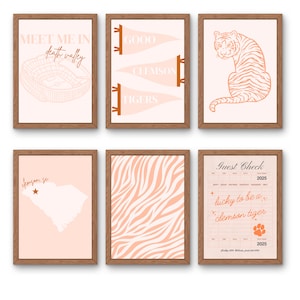 Orange set of 6 Clemson University Wall Art Prints For Dorm
