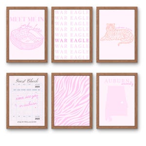 Puede incluir: Seis impresiones enmarcadas con diseños rosas. Las impresiones presentan texto como "WAR EAGLE", "MEET ME IN jordan hare" y "AUBURN university". Otras impresiones tienen una ilustración de tigre, rayas de cebra y un recibo de invitado. Los marcos son de madera.