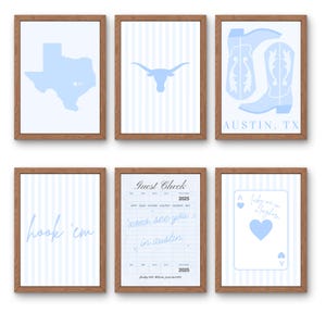 May include: Six framed prints with light blue and white striped backgrounds. The prints feature a Texas map, a longhorn silhouette, cowboy boots with "Austin, TX", "Hook 'em", a guest check, and an ace of hearts card.