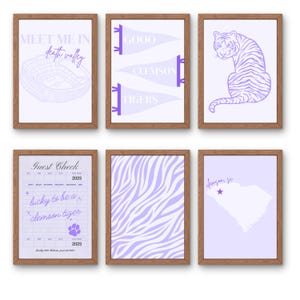 Purple set of 6 Clemson University Wall Art Prints For Dorm