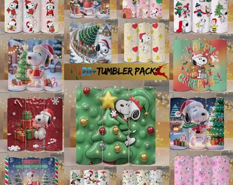 Paquete de envoltorios para vasos delgados navideños de Snoopy de 20 oz / Más de 20 diseños PNG navideños de Peanuts / Diseño para sublimación, descarga digital
