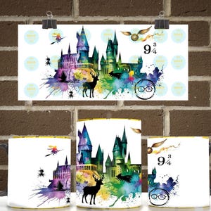 May include: A white ceramic mug featuring a colorful watercolor-style print of a castle, a silhouette of a stag, a flying golden snitch, the text 9 3/4, and round glasses. The design includes a figure on a broomstick and vibrant paint splatters.