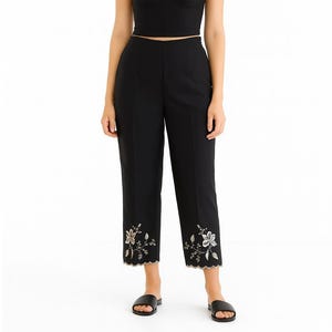 high waisted pants y2k vtg Ann Taylor black silk floral embroidered trousers
