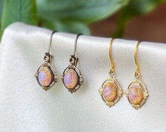 pink fire opal earrings, Victorian jewelry, dainty gold medallion earrings, pink crystal teardrop earrings, gift for her