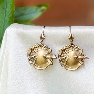 antique gold bird earrings, round gold medallion dangle drop statement earrings, handmade jewelry, cottagecore earrings, gift for her
