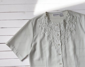 cute cottagecore blouse 90s vintage pastel mint green embroidered short sleeve shirt