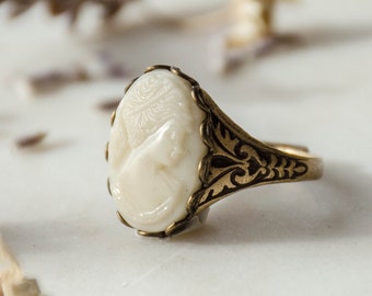 Victorian cameo ring, vintage antique glass ring, female face adjustable ring, cottagecore dark academia gothic jewelry