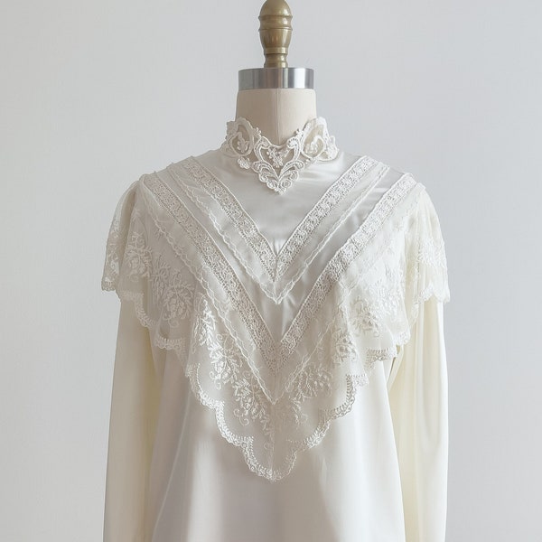 antique style blouse 80s 90s vintage cream lace high collar long sleeve shirt