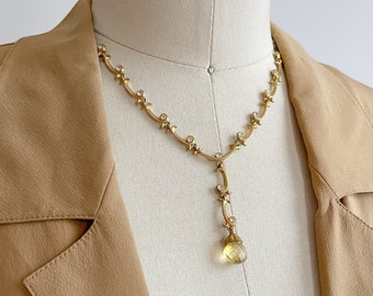 gold pendant necklace 80s vintage Avon rhinestone topaz drop necklace