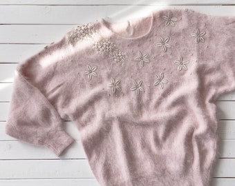 pink wool sweater 80s 90s vintage pastel angora pearl beaded floral embroidered sweater