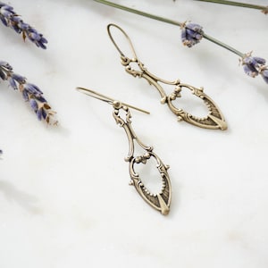 Victorian earrings, vintage antique brass long dangle earrings, romantic regency dark academia handmade jewelry